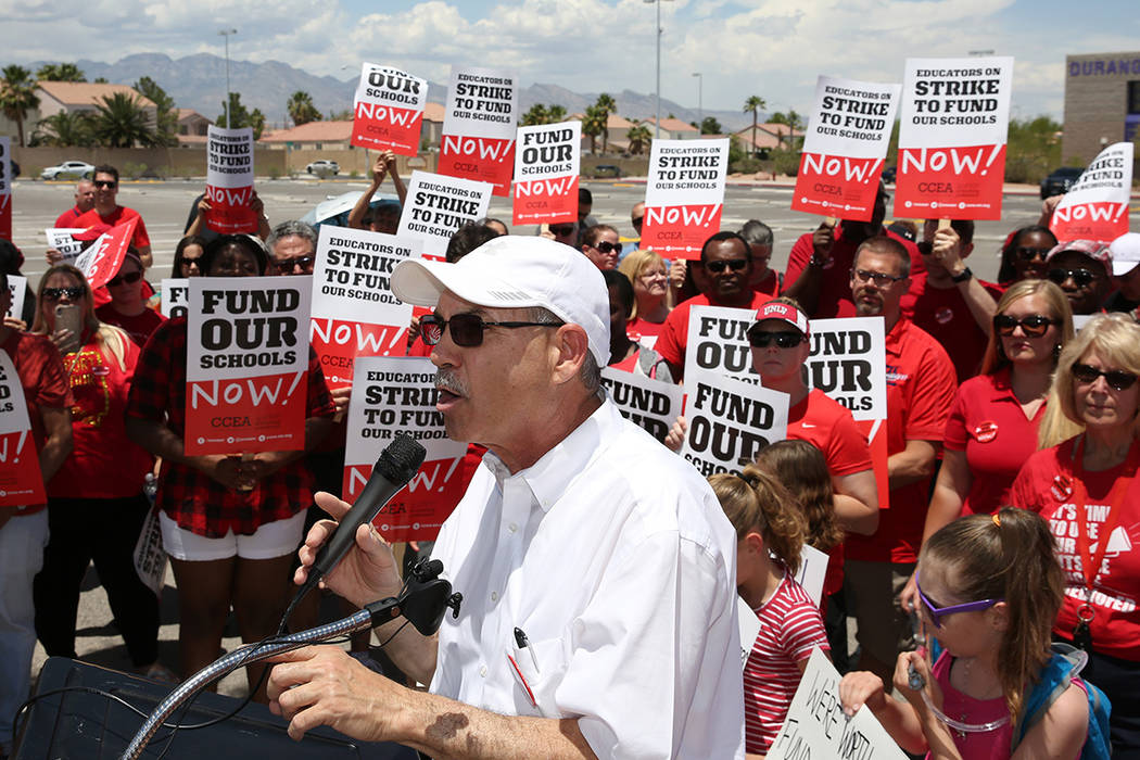 John Vellardita, the Clark County Education Association executive director, speaks as about 50 ...