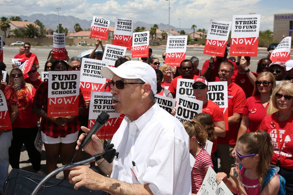 John Vellardita, the Clark County Education Association executive director, speaks as about 50 ...