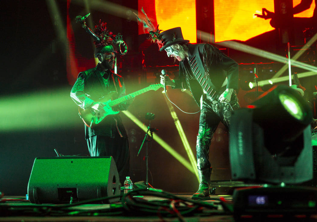 Arthur Brown, right, of The Crazy World of Arthur Brown performs with a bandmember at the Manda ...