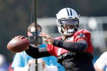 Carolina Panthers quarterback Cam Newton passes during an NFL football training camp with the B ...