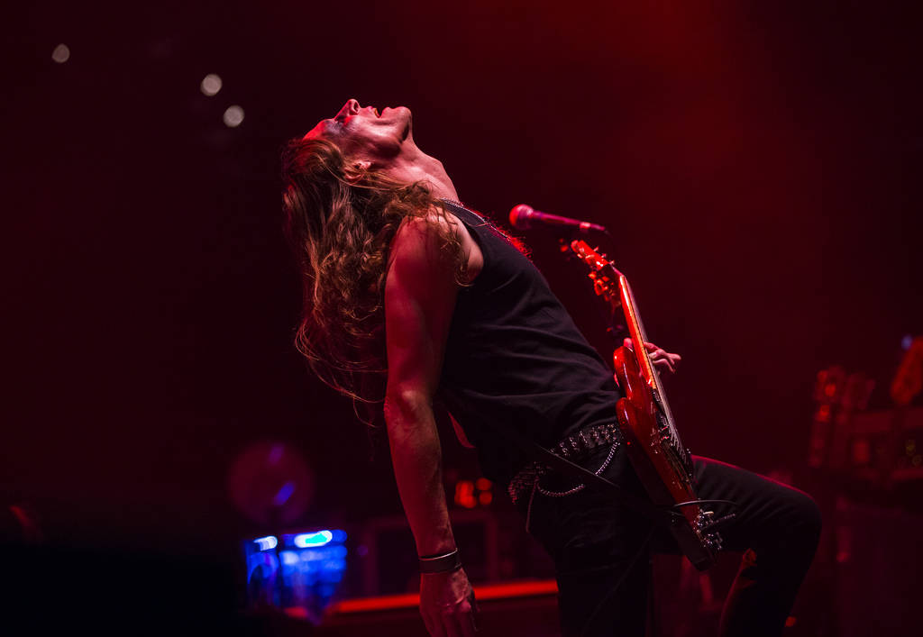 Andre Mathieu, of Triumph of Death, performs at the Mandalay Bay Events Center during the Psych ...