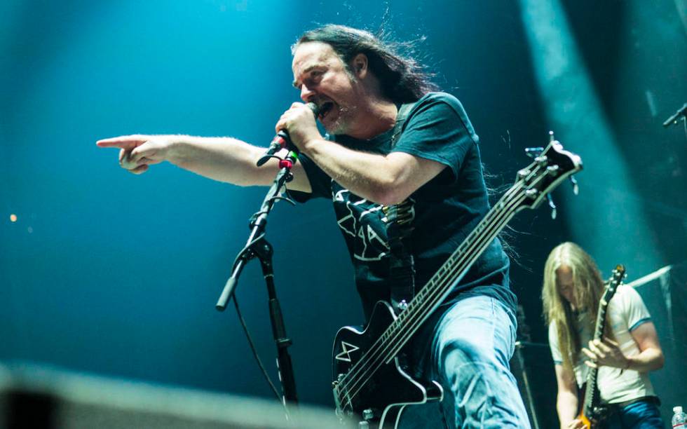 Jeff Walker, of Carcass, performs at the Mandalay Bay Events Center during the Psycho Las Vegas ...