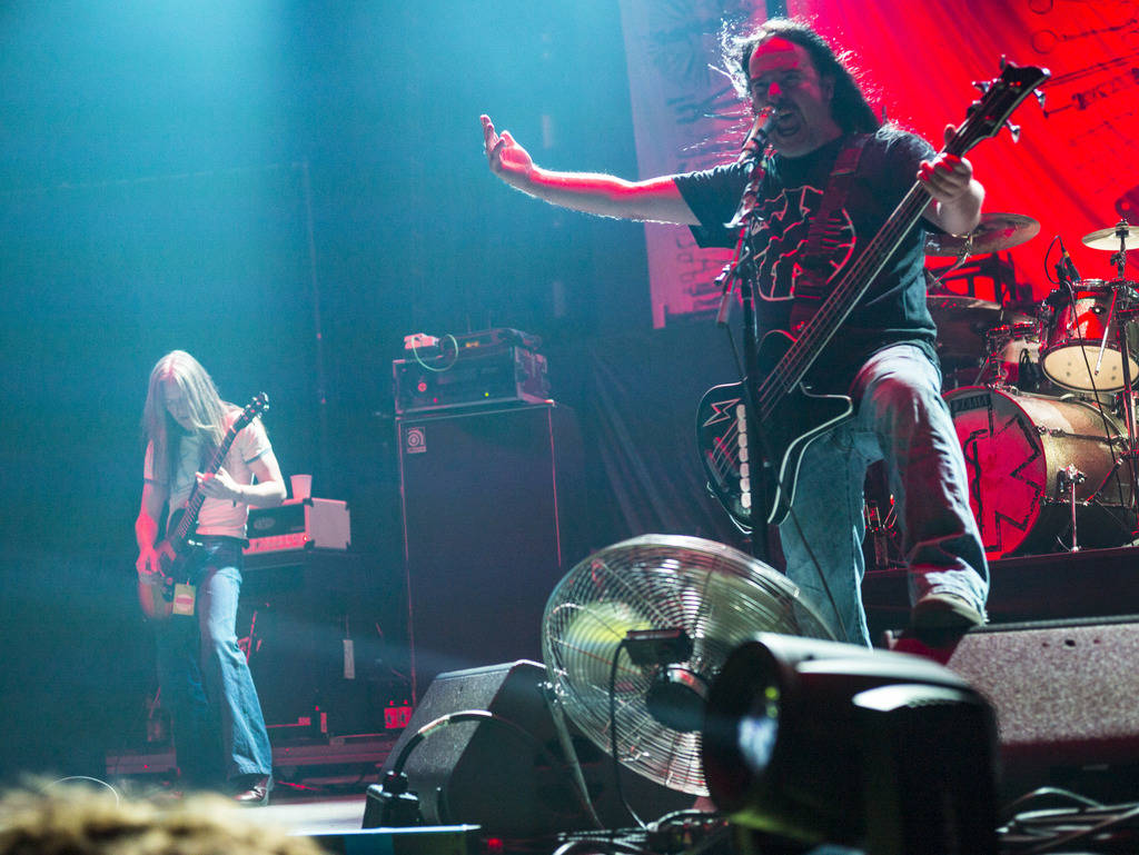 Jeff Walker, of Carcass, performs at the Mandalay Bay Events Center during the Psycho Las Vegas ...