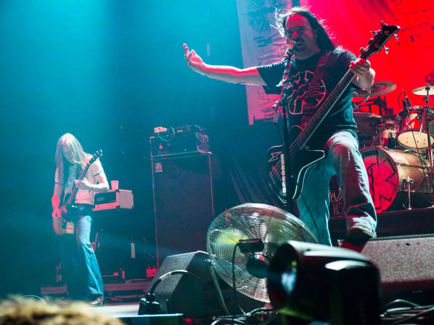 Jeff Walker, of Carcass, performs at the Mandalay Bay Events Center during the Psycho Las Vegas ...