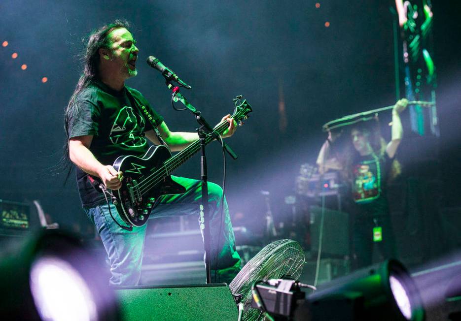 Jeff Walker, of Carcass, performs at the Mandalay Bay Events Center during the Psycho Las Vegas ...