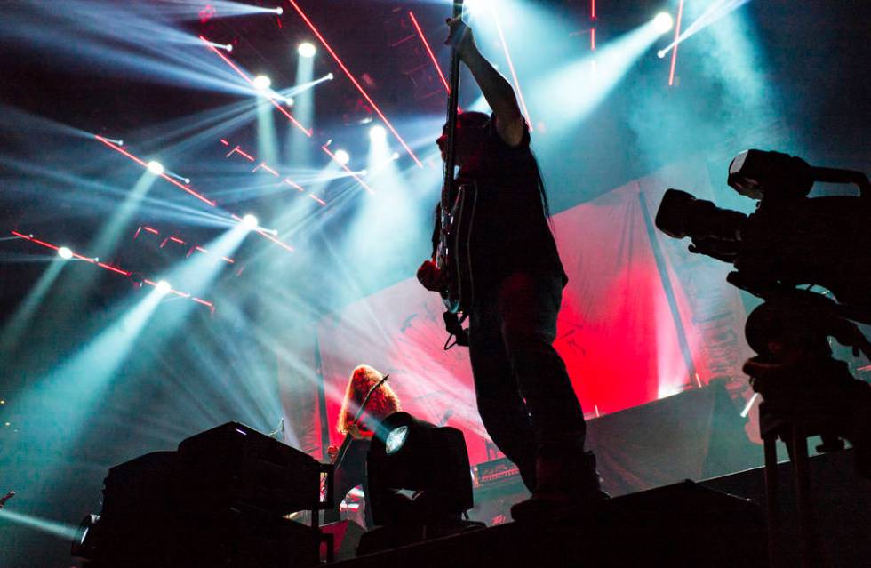 Jeff Walker, of Carcass, performs at the Mandalay Bay Events Center during the Psycho Las Vegas ...