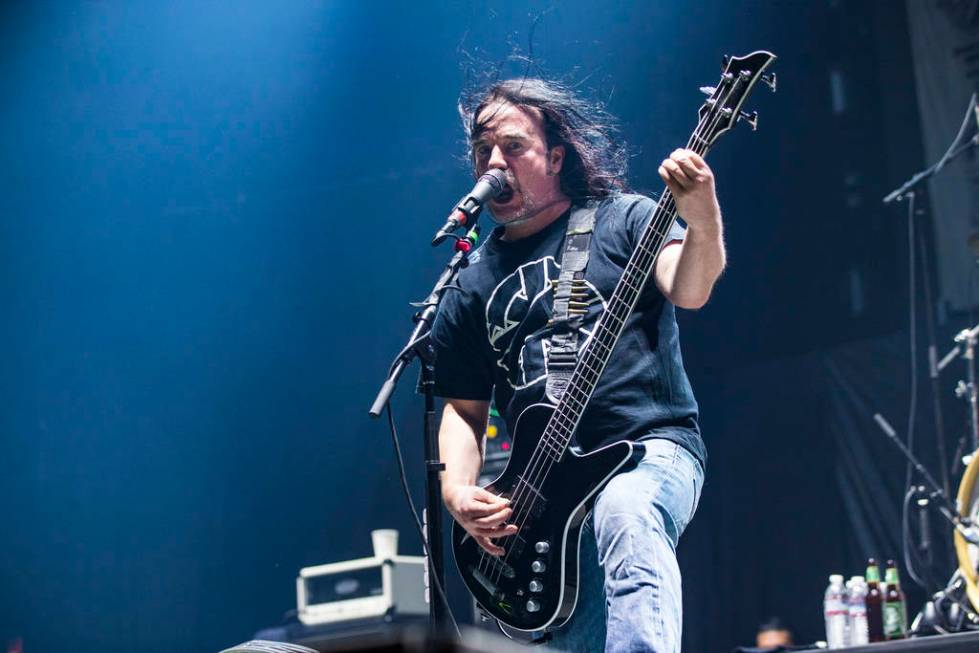 Jeff Walker, of Carcass, performs at the Mandalay Bay Events Center during the Psycho Las Vegas ...