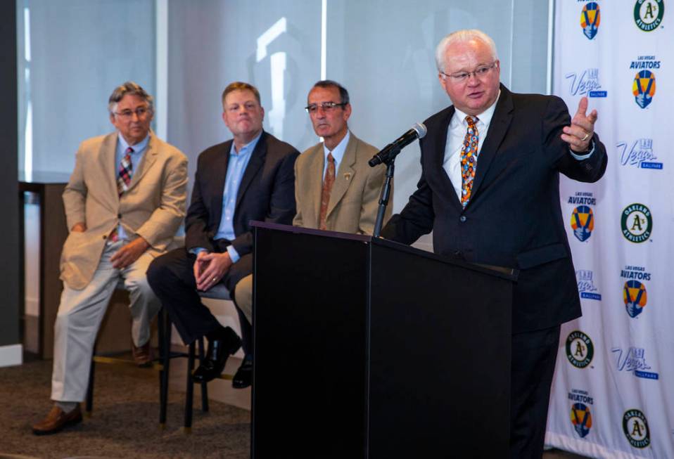 President of Minor League Baseball Pat O'Connor, right, speaks during a press conference announ ...