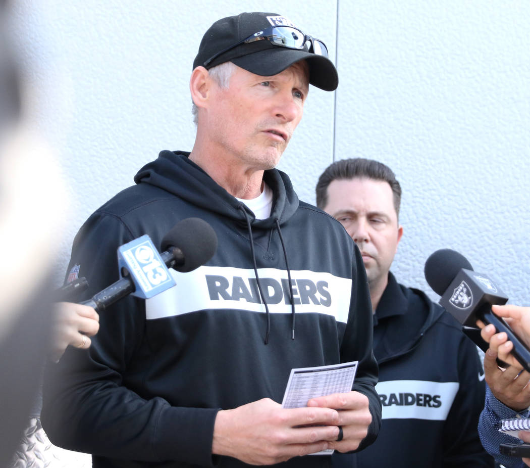 Oakland Raiders general manager Mike Mayock speaks to reporters about the signing of offensive ...