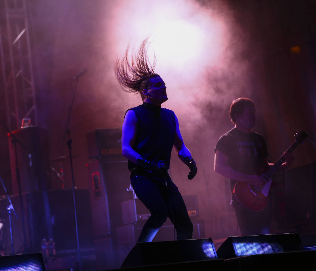 George Clarke, left, and Kerry McCoy, of Deafheaven, perform at the beach stage during the Psy ...
