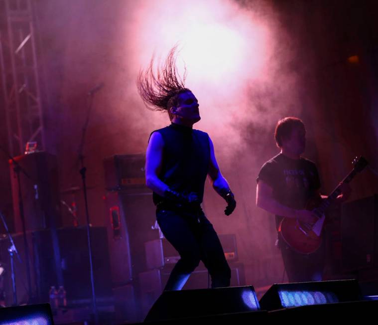 George Clarke, left, and Kerry McCoy, of Deafheaven, perform at the beach stage during the Psy ...