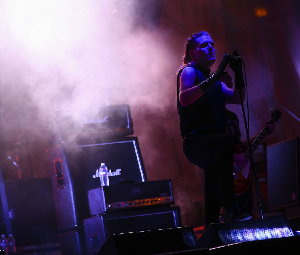 George Clarke, of Deafheaven, right, performs at the beach stage during the Psycho Las Vegas mu ...