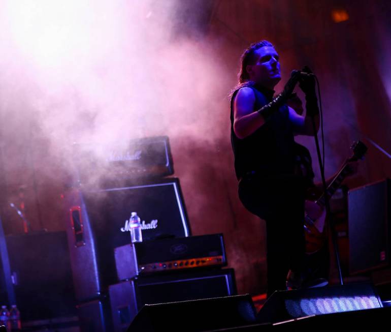 George Clarke, of Deafheaven, right, performs at the beach stage during the Psycho Las Vegas mu ...