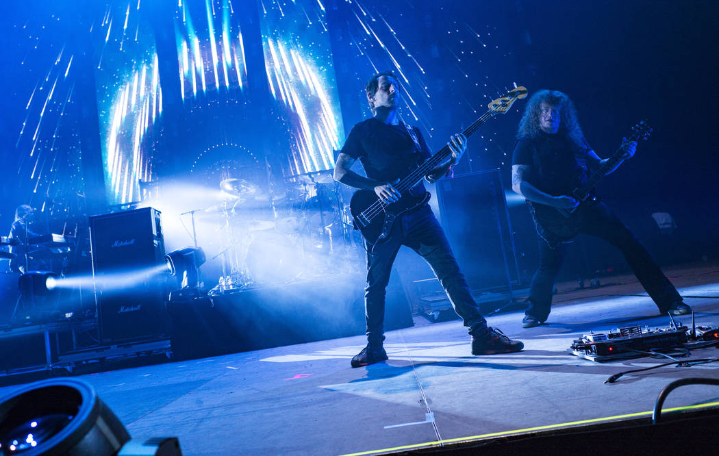 Mart’n MŽndez, left, and Fredrik Akesson, of Opeth, perform at the Mandalay Bay Ev ...