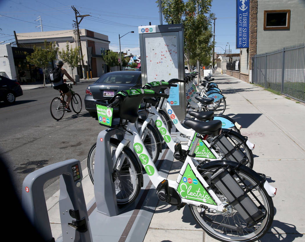 E-bikes for rent with traditional bikes at the Regional Transportation Commission bike share ra ...