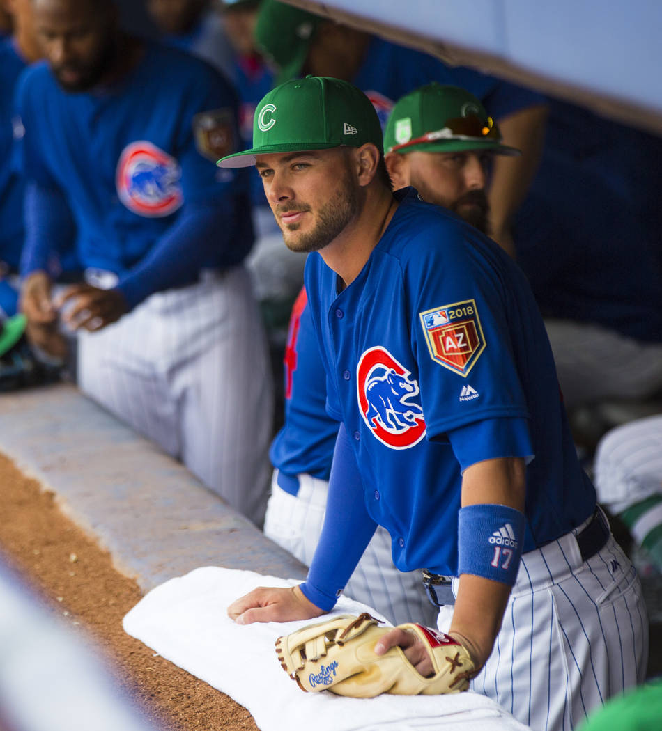 Chicago Cubs third baseman Kris Bryant (17) in the dugout before playing the Cleveland Indians ...