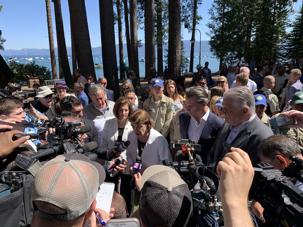 Calif. Sen. Dianne Feinstein takes questions from reporters at the 23rd annual Lake Tahoe Summi ...