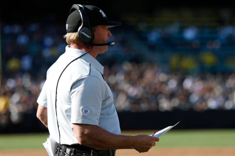 Oakland Raiders coach Jon Gruden during the first half of a preseason NFL football game against ...