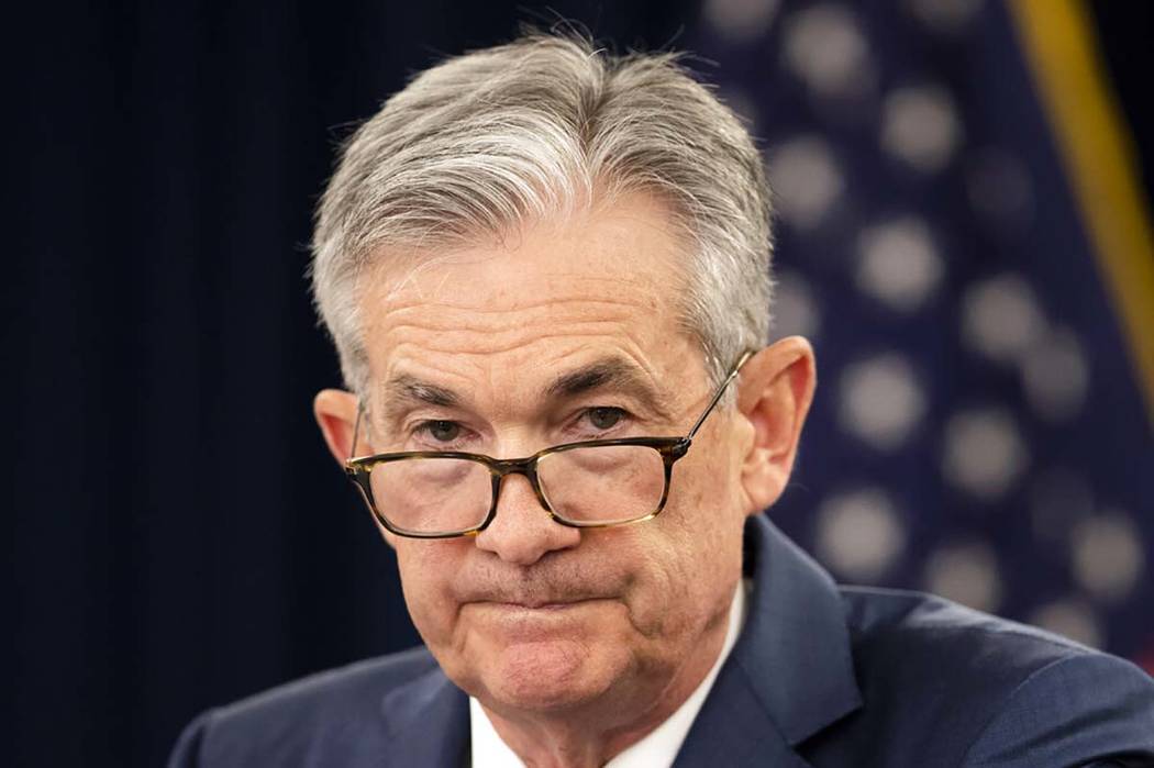 In a July 31, 2019, file photo, Federal Reserve Chairman Jerome Powell speaks during a news con ...