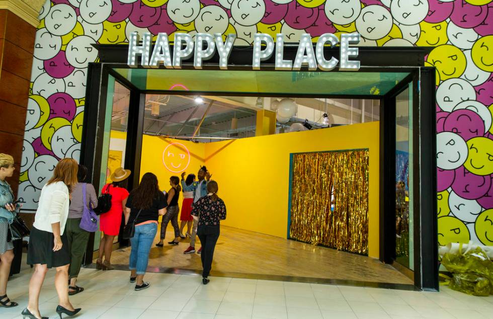 Guests enter the new Happy Place popup at Mandalay Bay on Wednesday, Aug. 21, 2019, in Las Vega ...