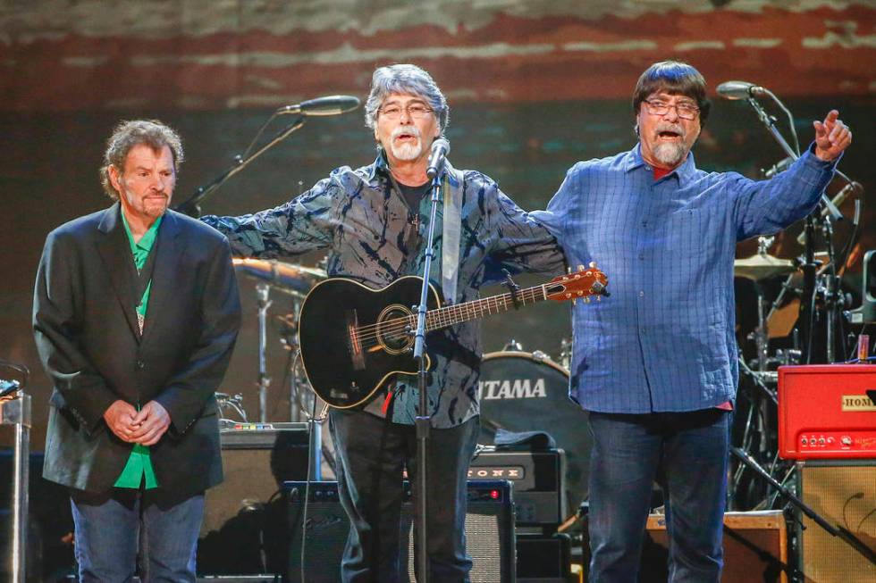 FILE - This April 6, 2017 file photo shows Jeff Cook, from left, Randy Owen and Teddy Gentry, f ...