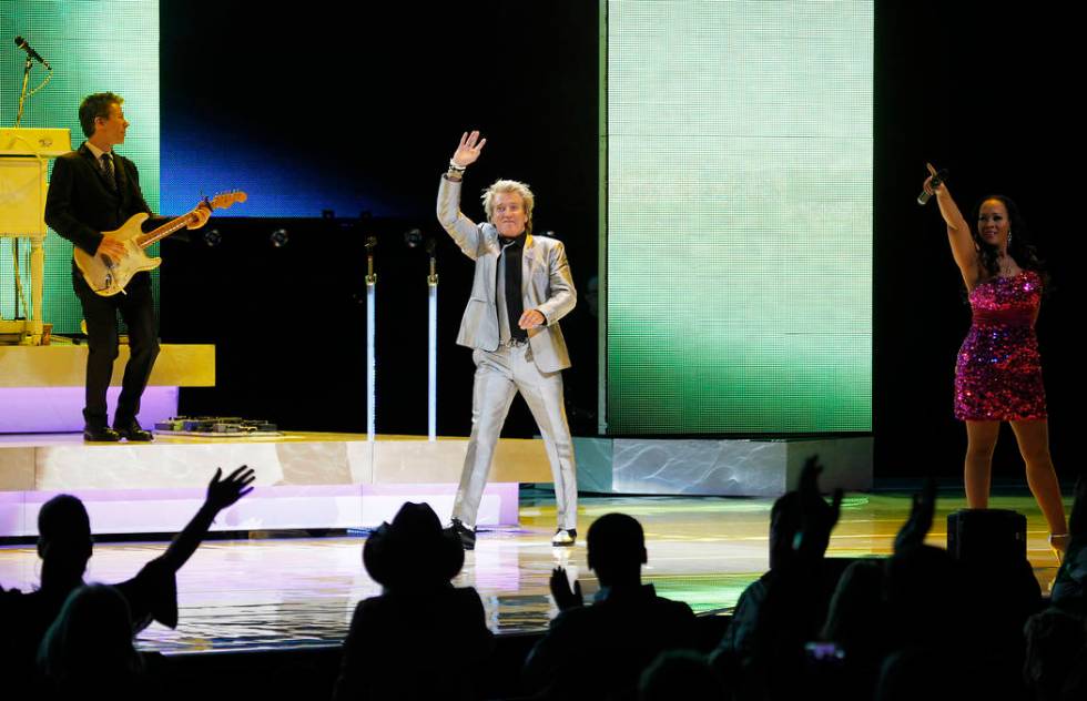 Rod Stewart takes the stage to perform in the Colosseum at Caesars Palace in Las Vegas on Nov. ...