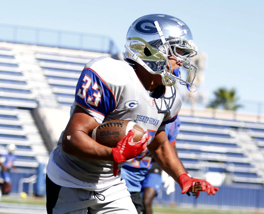 Bishop Gorman's running back Jahsai Shannon (33) participates in a drill during practice at Bis ...