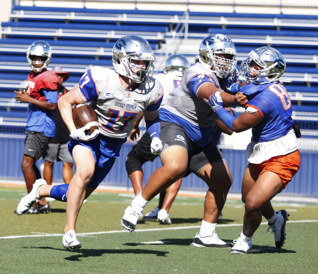 Bishop Gorman's outside linebacker strong safety Travis Meyer (17) runs a drill during practice ...