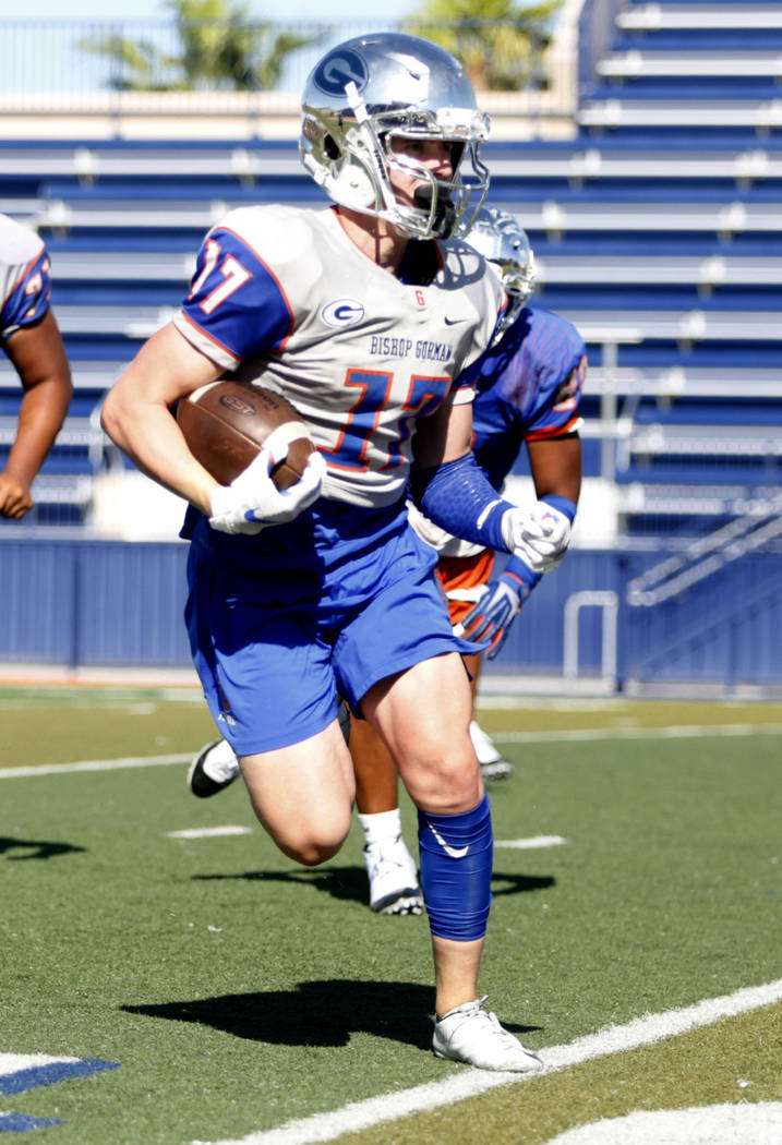 Bishop Gorman's outside linebacker strong safety Travis Meyer (17) runs a drill during practice ...