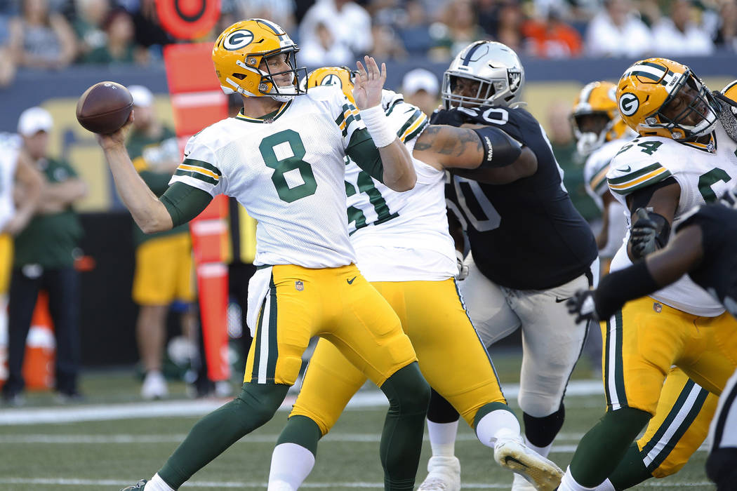 Green Bay Packers quarterback Tim Boyle (8) throws during the first half of the team's NFL pres ...
