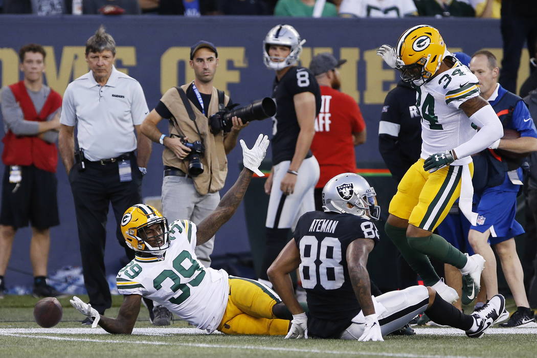 Green Bay Packers' Chandon Sullivan (39) disputes the call after defending against Oakland Raid ...