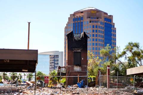 The back of the office complex east of the Strip that burned down a few months ago on Thursday, ...