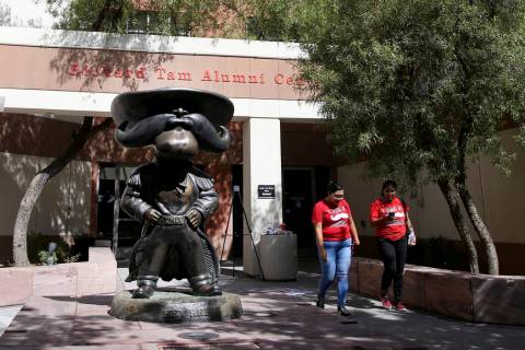 Students walk past a statue UNLV mascot Hey Reb! on campus Friday, Aug. 23, 2019. (K.M. Cannon/ ...