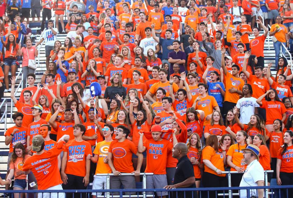 Bishop Gorman students cheer before the start of a football game against Orem at Bishop Gorman ...