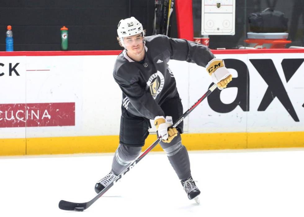 Vegas Golden Knights prospect Dylan Coghlan takes a slap shot during the third day of Golden Kn ...