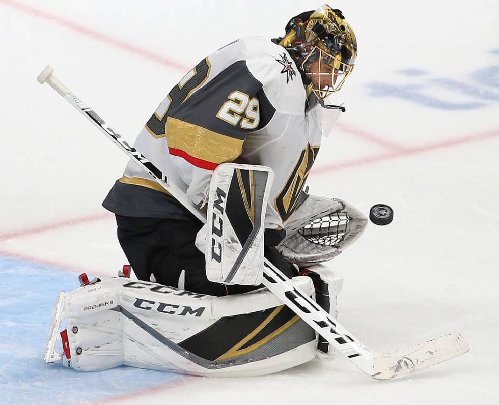 Golden Knights goaltender Marc-Andre Fleury (29) makes a save in the third period during game s ...