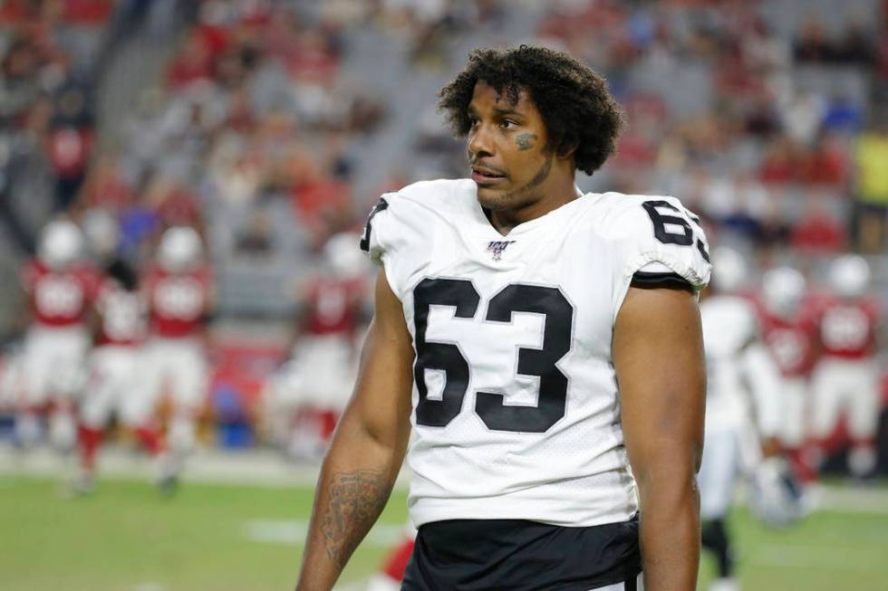 Oakland Raiders Ethan Westbrooks (63) during an an NFL preseason football game against the Ariz ...