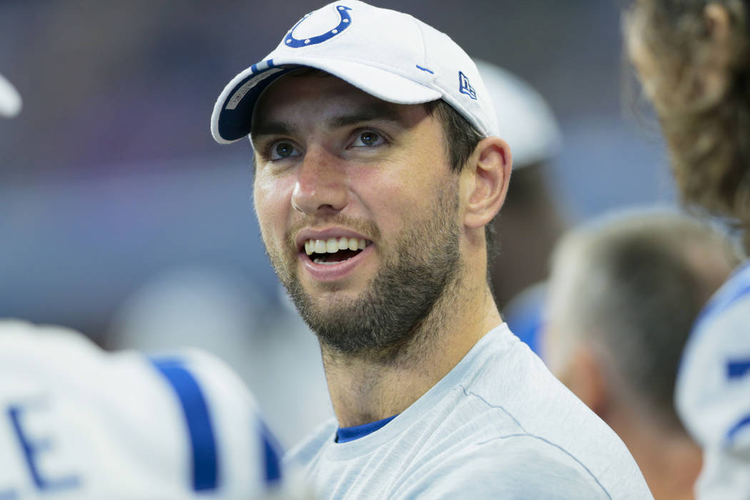 Indianapolis Colts quarterback Andrew Luck (12) on the sidelines during the second half of an N ...