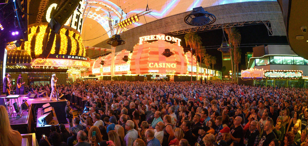 Cheap Trick drew a crowd of about 15,000 at 3rd Street Stage at Fremont Street Experience on Sa ...