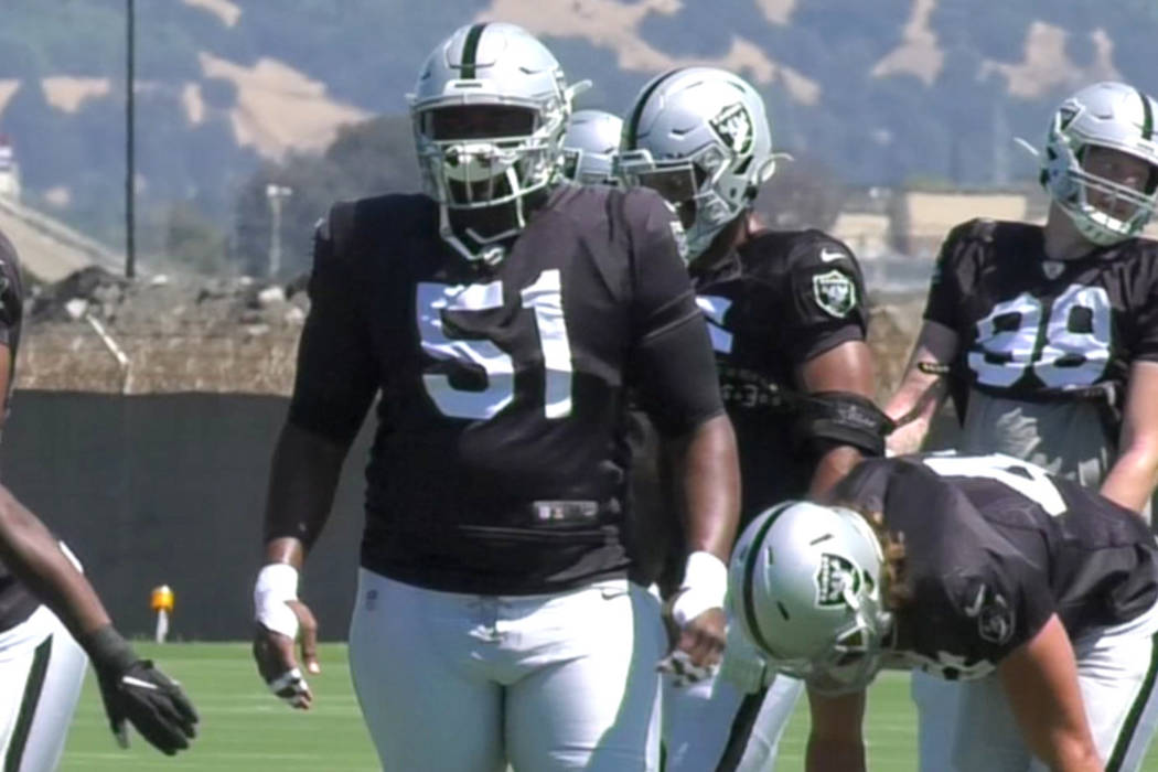 Raiders defensive tackle Corey Liuget during a team practice in Oakland, Calif., Monday, Aug. 2 ...