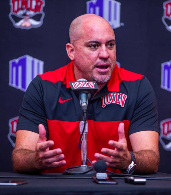 UNLV football head coach Tony Sanchez answers questions by media during a press conference on M ...