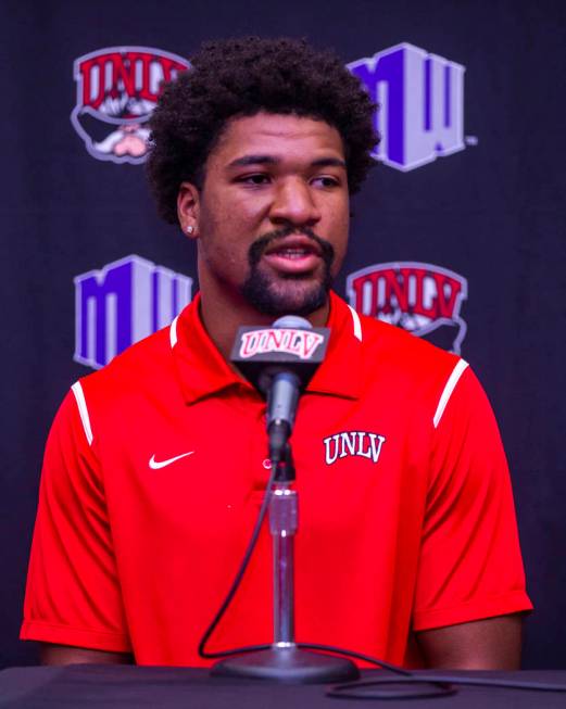 UNLV football quarterback Armani Rogers answers a media question during a press conference on M ...