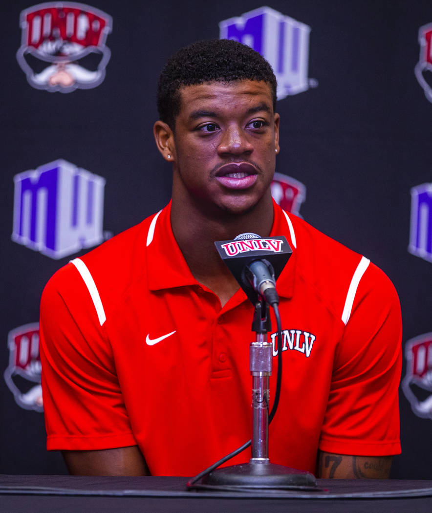 UNLV football linebacker Javin White answers a media question during a press conference on Mond ...