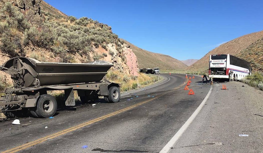 This photo released by the Nevada Highway Patrol shows the scene of a fatal accident involving ...