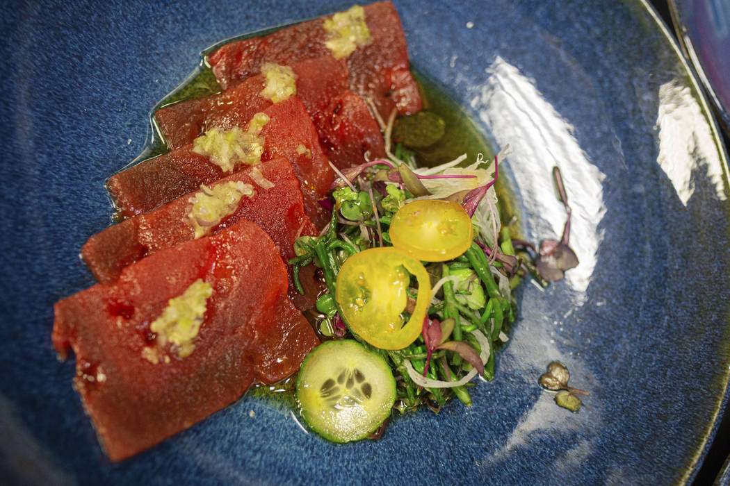 Sake-compressed watermelon with gingerÐwasabi sorbet by Chef Andrew Carroll of Catch Las Vegas ...