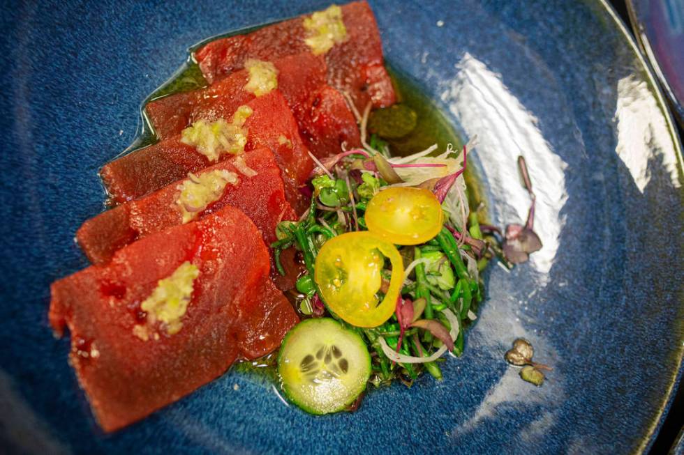 Sake-compressed watermelon with gingerÐwasabi sorbet by Chef Andrew Carroll of Catch Las Vegas ...