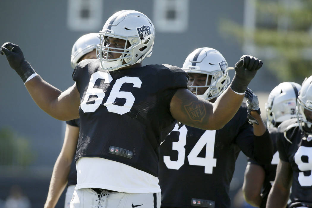 Oakland Raiders offensive guard Gabe Jackson (66) during NFL football training camp Thursday, A ...