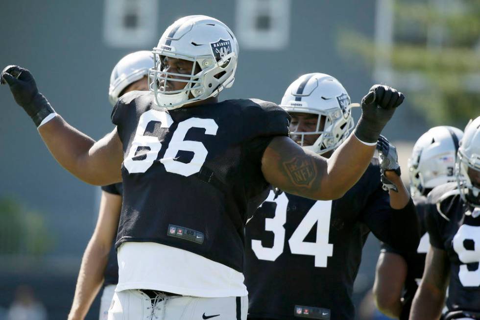 Oakland Raiders offensive guard Gabe Jackson (66) during NFL football training camp Thursday, A ...