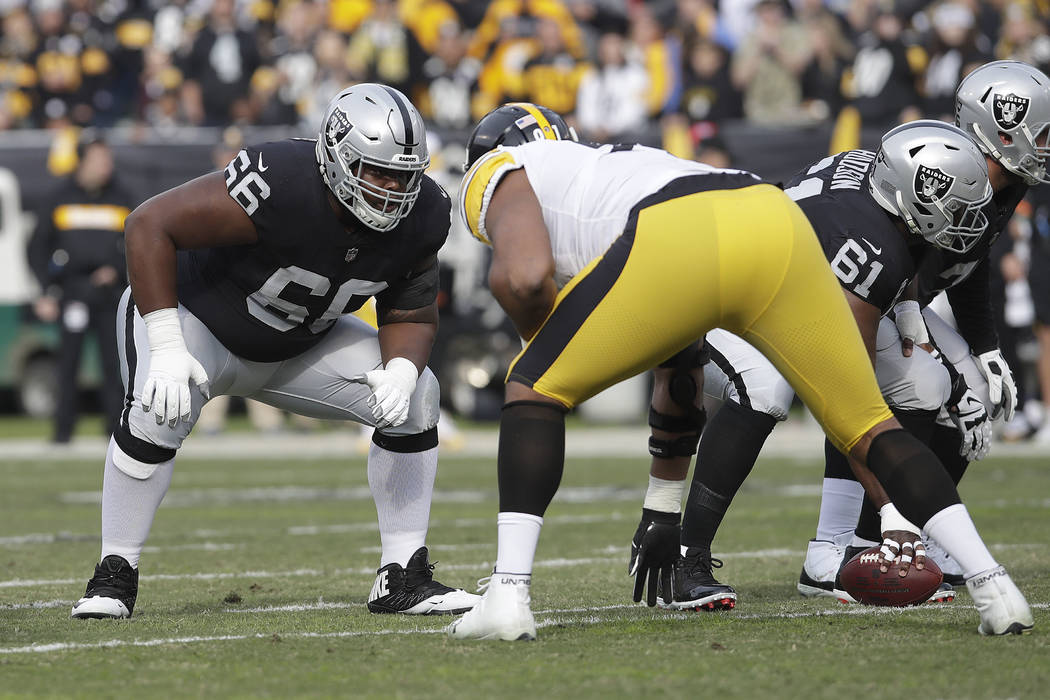 Oakland Raiders guard Gabe Jackson (66) against the Pittsburgh Steelers during an NFL football ...