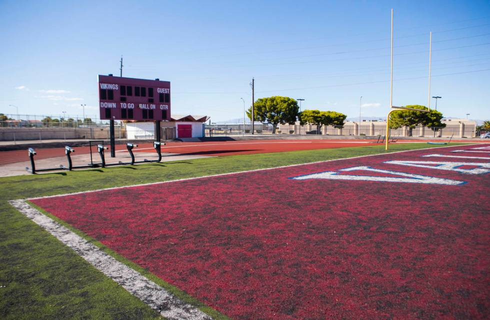 A view of the deteriorating turf at the football field at Valley High School in Las Vegas on We ...